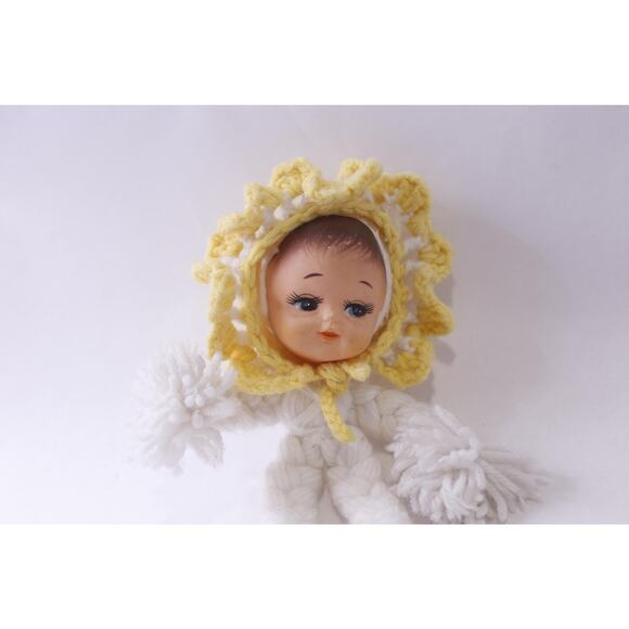 60s 70s Cute Vintage Crochet Baby Doll, Vinyl Face, White-Yellow, 12 inches, - Picture 2 of 3